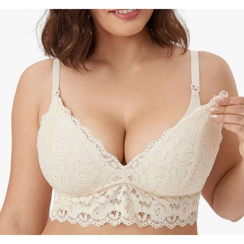 NEW Momanda Nursing Bra 34DD Beige Lace Wirefree Padded Adjustable Straps NWT